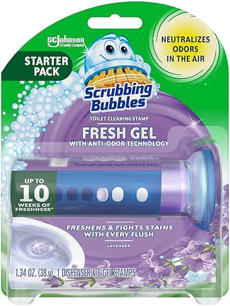 Scrubbing Bubbles Fresh Gel Toilet Bowl Cleaning Stamps, Helps Keep Toilet Clean and Helps Prevent Limescale & Rings, Lavender Scent, 1 Dispenser with 6 Fresh Gel Stamps - Image 1