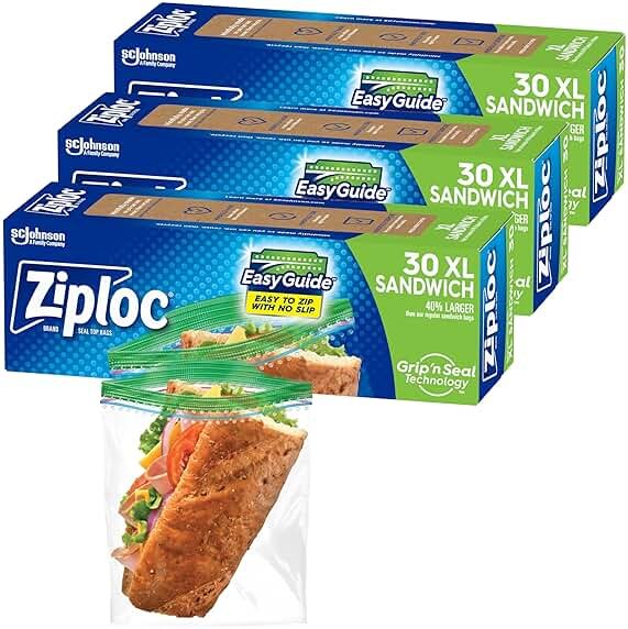 Ziploc XL Sandwich and Snack Bags with EasyGuide Texture, Plastic Storage Bags with Grip 'n Seal Technology, 90 Bags Total - Product Image