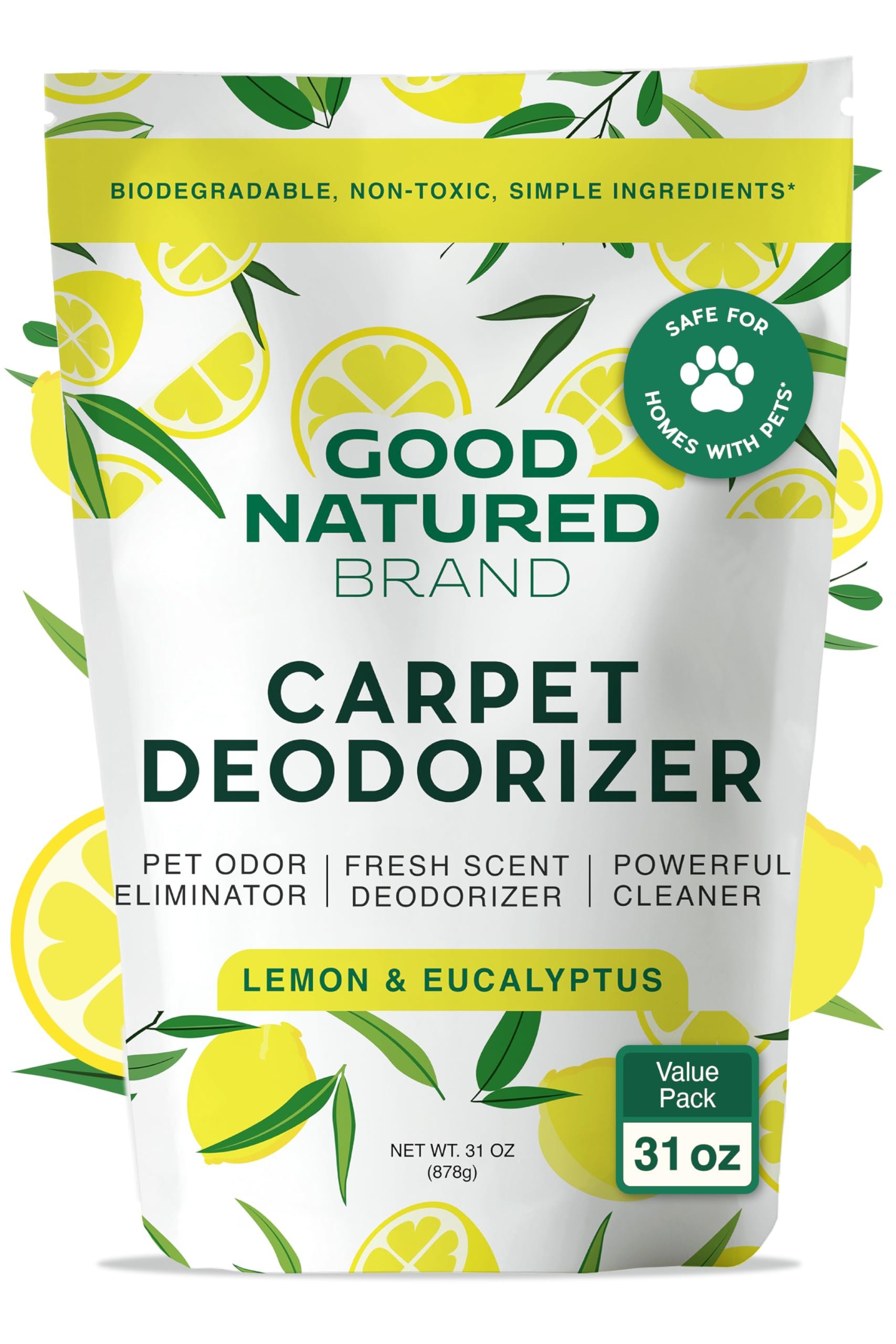 Good Natured Brand | Carpet Deodorizer & Freshener Powder | 31 oz Pet Odor Eliminator for Strong Odor & Pet Urine | Fresh Natural Lemon Scent | Safe for Homes with Pets - Product Image