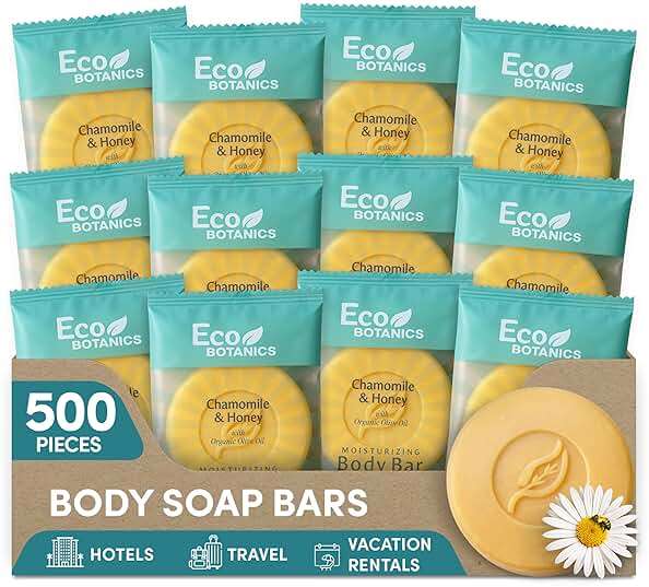 Eco Botanics Travel Size Hotel Body Bar 500 Count 0.89 oz Bottles Guest Amenities for Hotels Vacation Rentals & Short Term Rentals Paraben Free White Tea Scent Infused with Aloe Honey & Olive Oil - Image 1