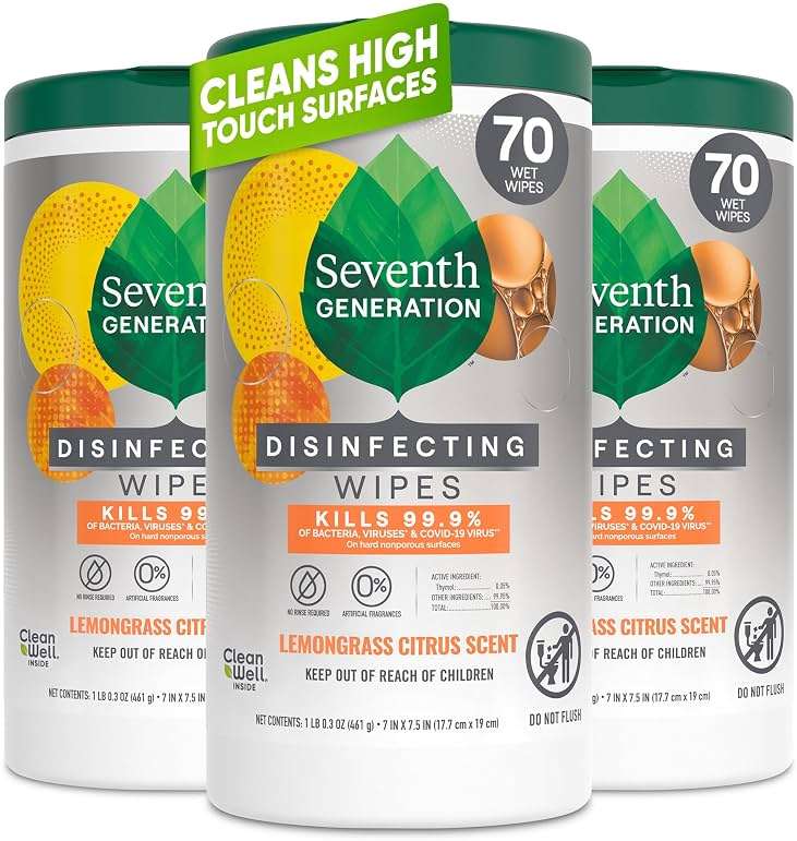 Seventh Generation Disinfecting Wipes, Lemongrass Citrus, 70 Count, 3 Pack, Botanical Multi-Surface Cleaner Kills 99.9% Germs, No Bleach, Plant-Based Formula for Home, Kitchen, Bathroom, Car Interior - Image 1