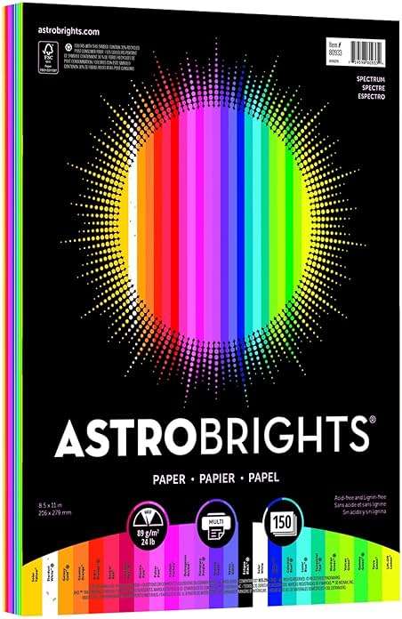 Neenah Paper Astrobrights Color Paper, 8.5” x 11”, 24 lb/89 gsm, Spectrum 25-Color Assortment, 150 Sheets (80933-01) - Image 1
