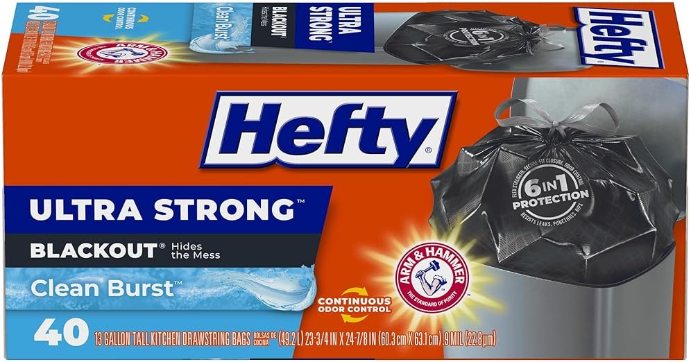 Hefty Ultra Strong 13 Gallon Trash Bags, Black Tall Kitchen Trash Bags 13 Gallon Size, Break Resistant Drawstring Enclosure, Continuous Odor Control, Blackout, Clean Burst Scent, 40 Bags - Product Image