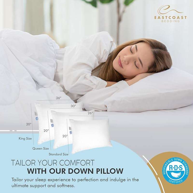 East Coast Bedding 100% White Down Pillow, No Feathers, 600 Fill Power, 400 Thread Count Cotton Shell, Firm Loft, King 20x36, 2 Pack - Image 4