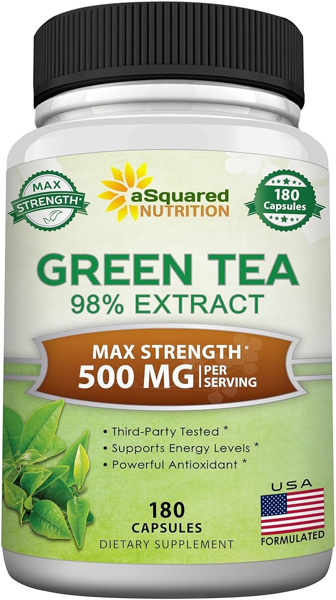 aSquared Nutrition Green Tea Extract with EGCG – 180 Capsules – 500mg per Capsule – 75% Polyphenols, 45% EGCG – Antioxidant Support, Heart Health, Natural Detox – Low Caffeine Supplement - Product Image