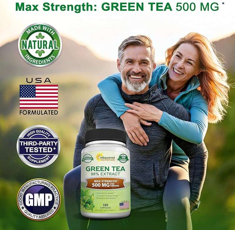 aSquared Nutrition Green Tea Extract with EGCG – 180 Capsules – 500mg per Capsule – 75% Polyphenols, 45% EGCG – Antioxidant Support, Heart Health, Natural Detox – Low Caffeine Supplement - Image 2