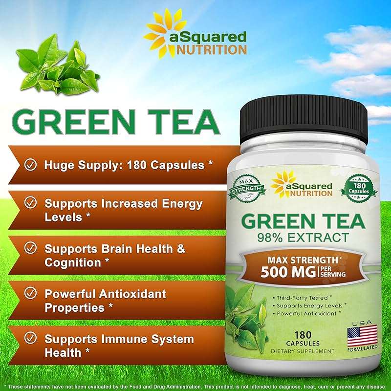 aSquared Nutrition Green Tea Extract with EGCG – 180 Capsules – 500mg per Capsule – 75% Polyphenols, 45% EGCG – Antioxidant Support, Heart Health, Natural Detox – Low Caffeine Supplement - Image 3