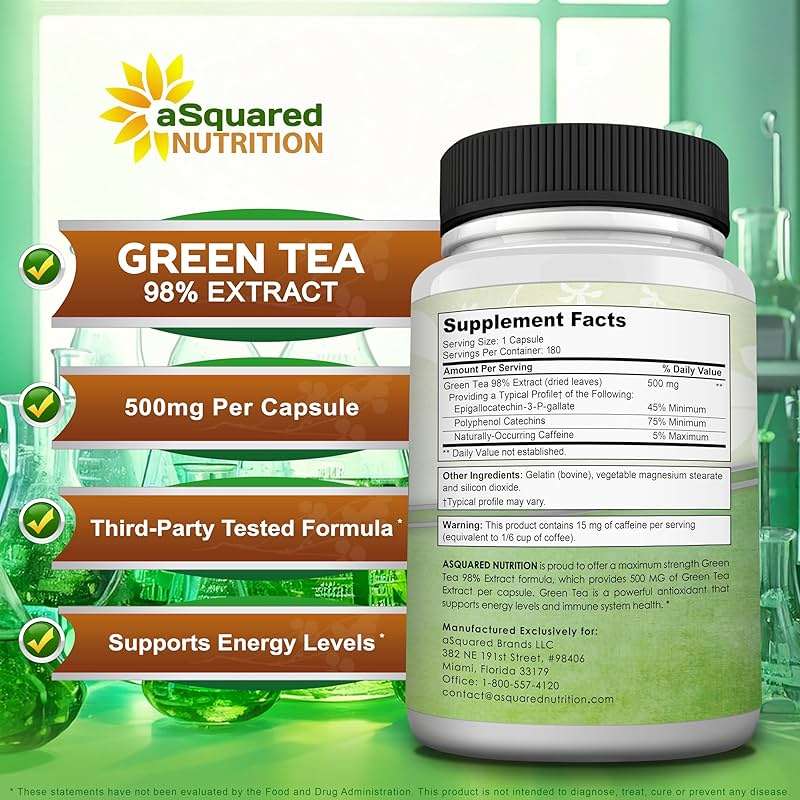 aSquared Nutrition Green Tea Extract with EGCG – 180 Capsules – 500mg per Capsule – 75% Polyphenols, 45% EGCG – Antioxidant Support, Heart Health, Natural Detox – Low Caffeine Supplement - Image 5