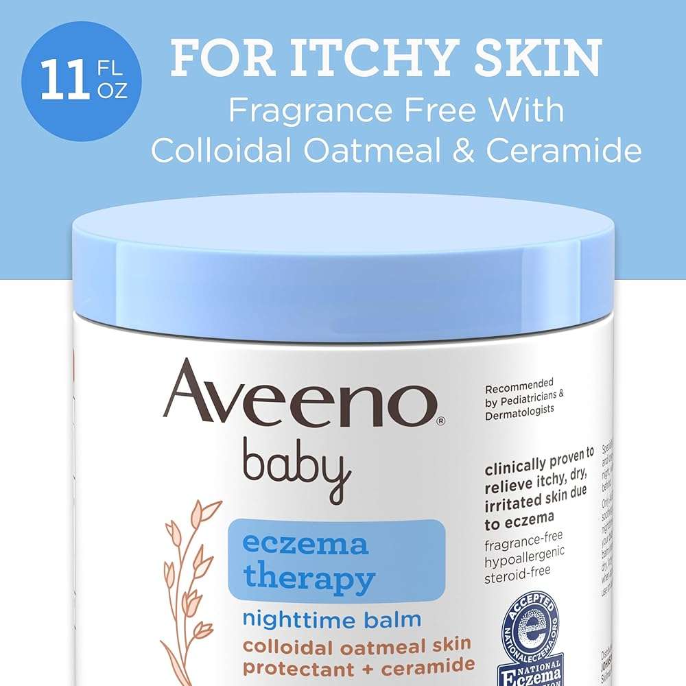 Aveeno Baby Eczema Therapy Nighttime Body Balm, Moisturizing Eczema Balm for Babies with Colloidal Oat & Ceramide, Soothes Dry, Itchy Skin, Hypoallergenic, Fragrance & Steroid Free, 11 oz - Image 3