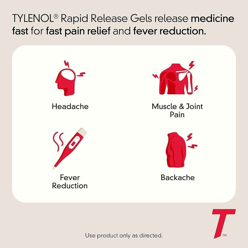 Tylenol Rapid Release Extra Strength Gelcaps, Acetaminophen 500 mg per Gel, Laser Drilled Holes Allow Fast, Strong Pain Relief, Fever Reducer, Gentle on Stomach, 100 Count Size - Image 2