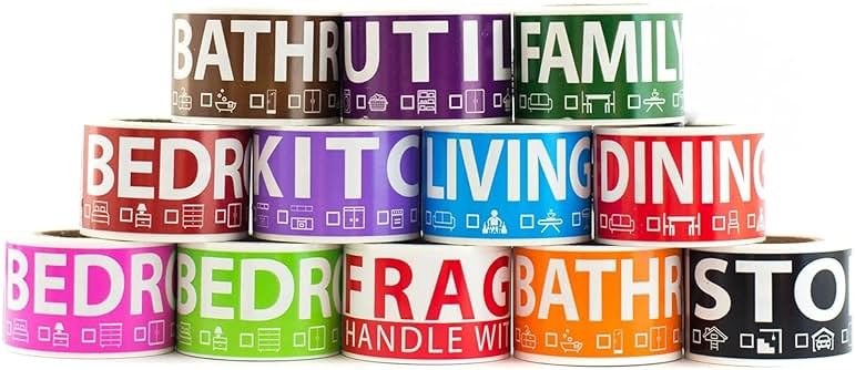 600 Home Moving Labels for 3 Bedroom House — 12 Color-Coded Room Labels (50 Each) + Fragile Stickers for Moving Boxes, Supplies, Wardrobe Boxes, Apartment Moves - Product Image