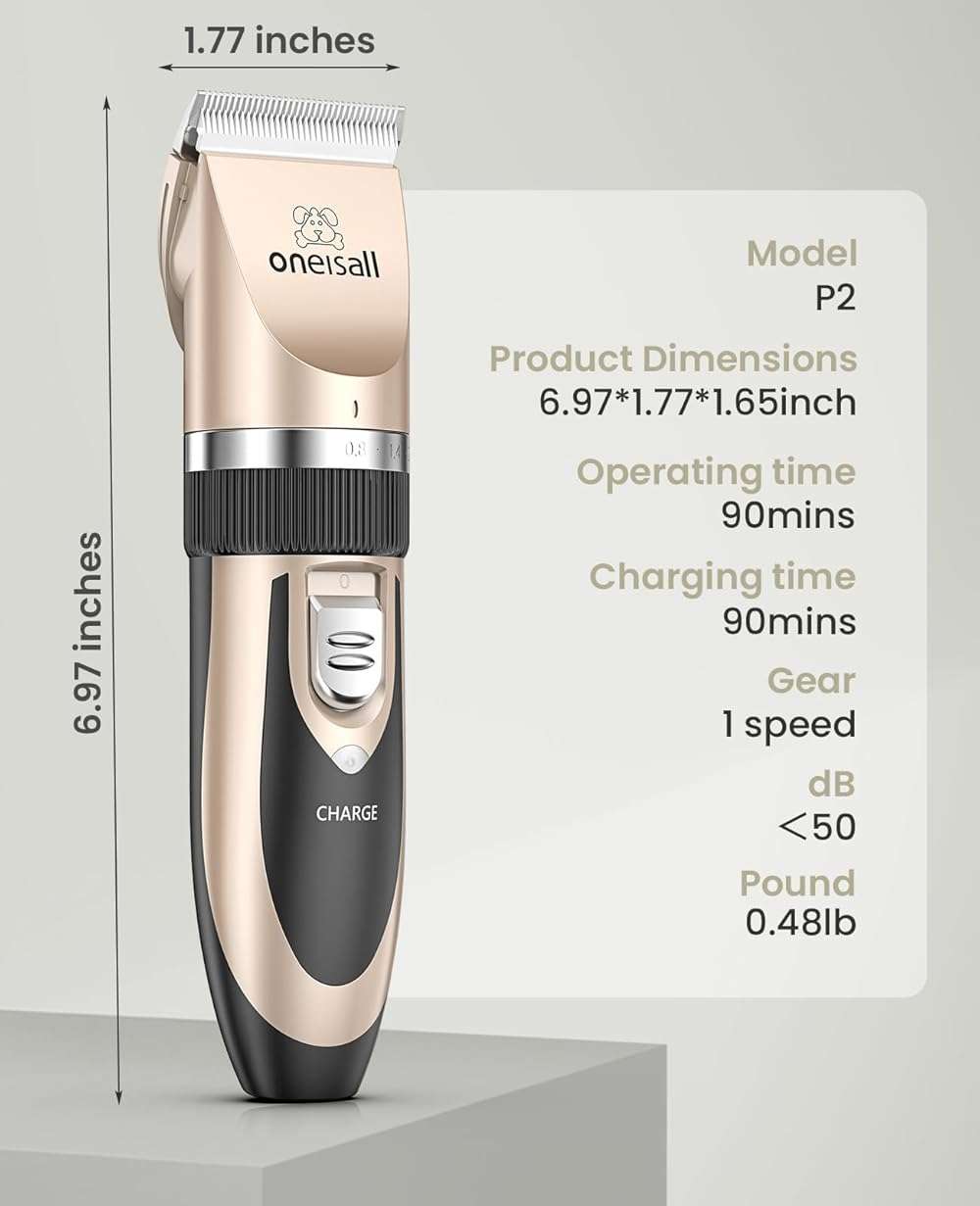 oneisall Dog Clippers Low Noise, Dog Grooming Kit with Rechargeable, Pet Shaver Cordless Electric Quiet Hair Clipper Set for Dogs Cats Pets(Gold) - Image 7