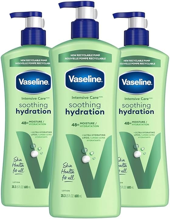 Vaseline Intensive Care Body Lotion for Dry Skin Soothing Hydration Lotion Made with Ultra-Hydrating Lipids + 1% Aloe Vera Extract to Refresh Dehydrated Skin 20.3 oz, Pack of 3 (packaging May Vary) - Product Image