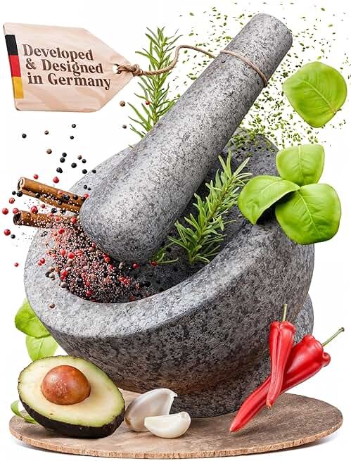 ChefSofi Mortar and Pestle Set - 6 Inch - 2 Cup Capacity - Unpolished Heavy Granite for Enhanced Performance and Organic Appearance - Included: Anti-Scratch Protector - Product Image