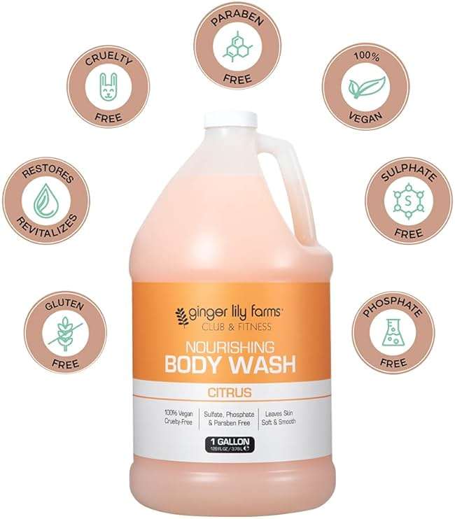 Ginger Lily Farms Club & Fitness Nourishing Body Wash, 100% Vegan & Cruelty-Free, Bath & Shower Gel for Men and Women, Citrus Scent, 1 Gallon (128 fl. oz.) Refill - Image 4