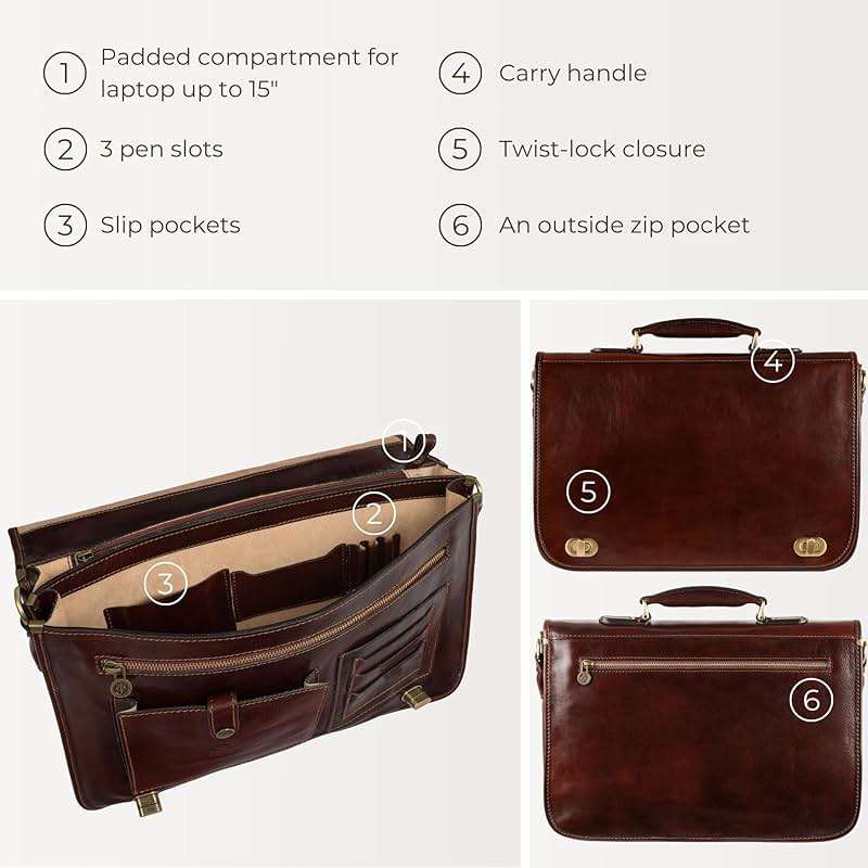 Time Resistance Leather Briefcase for Men - Italian Full Grain Leather Laptop Bag - Messenger Bag - Gift Box Included - Image 4