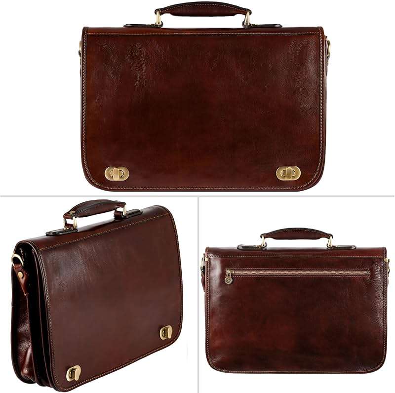 Time Resistance Leather Briefcase for Men - Italian Full Grain Leather Laptop Bag - Messenger Bag - Gift Box Included - Image 5