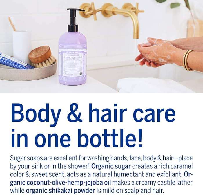 Dr. Bronner's Organic Sugar Soap (Lavender, 64 Ounce)- Made with Organic Oils, Sugar & Shikakai Powder, 4-in-1 Uses: Hand and Body Wash, Face, Hair- Cleanses, Moisturizes, Nourishes, Vegan - Image 3