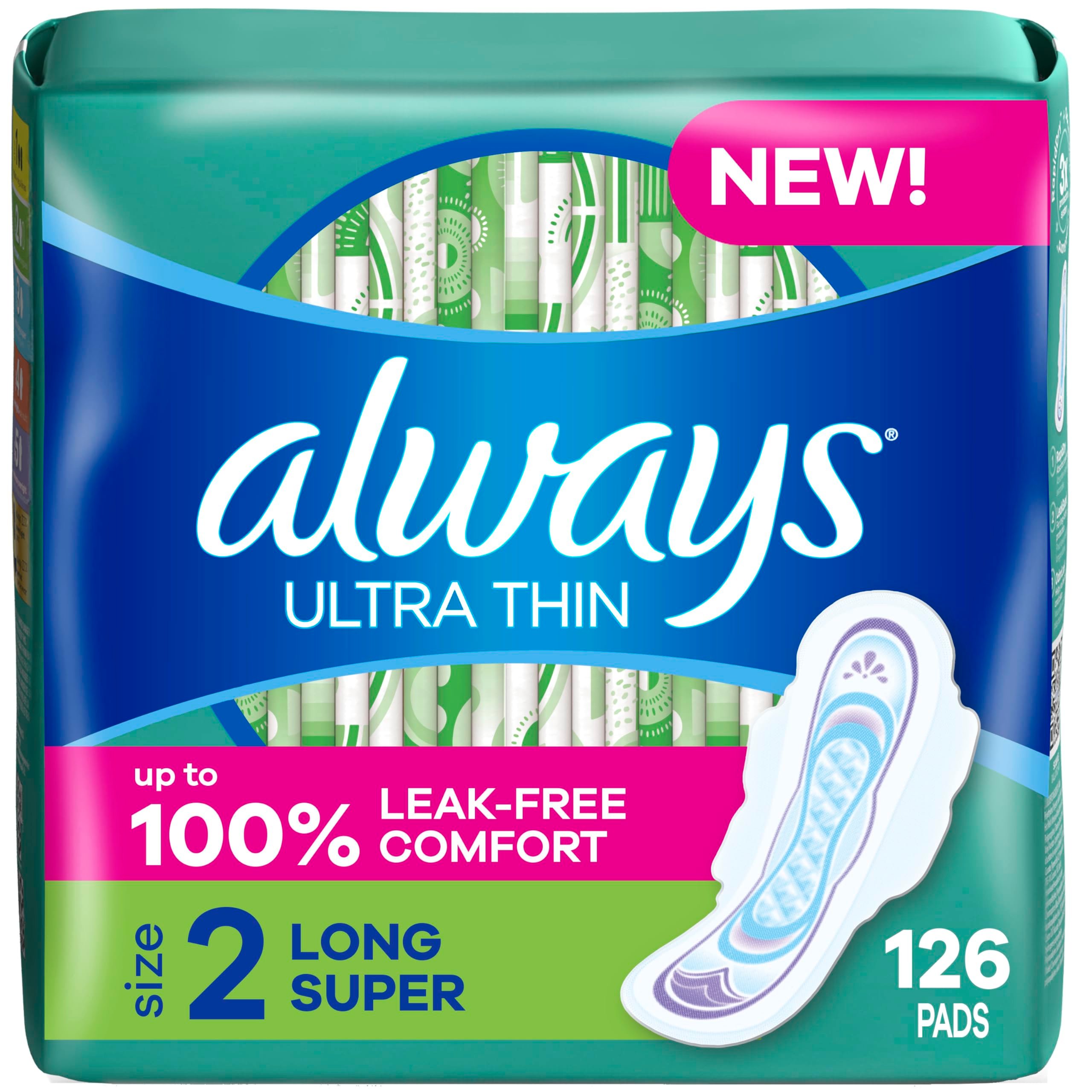 Always Ultra Thin Pads with Wings, Size 2, Long Super, 126 Count (3 Packs of 42) - Product Image