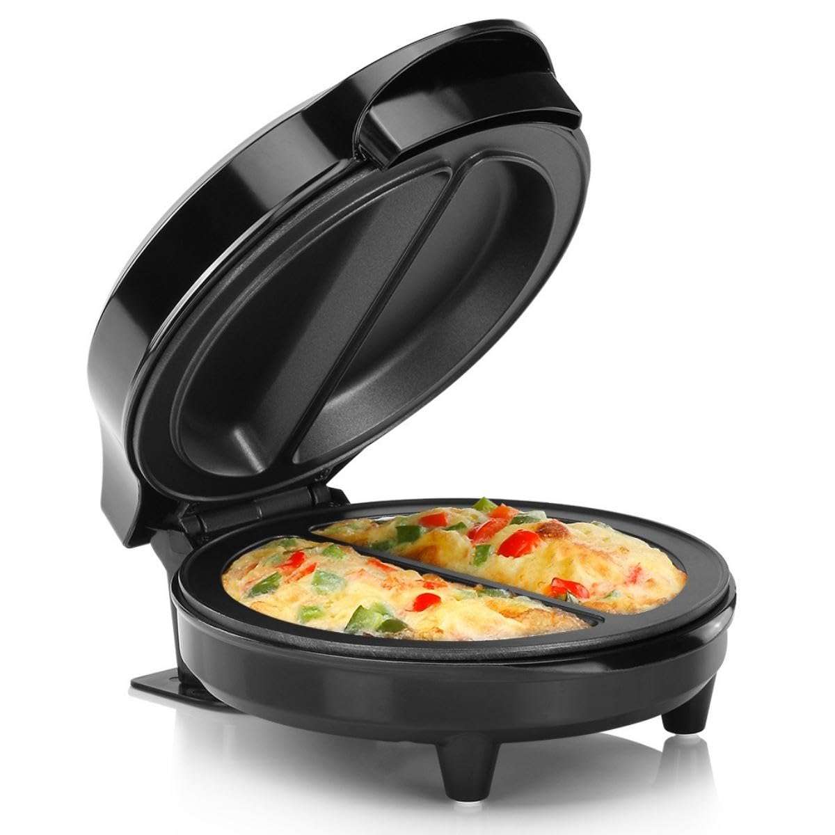 Holstein Housewares Stainless Steel 2 Section Omelet & Frittata Maker, Non Stick Coating, Easy To Clean, Indicator Lights, Compact Storage, Prepare Versatile Recipes in Minutes. 2 Portions, Black - Image 1