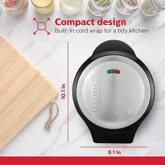 Holstein Housewares Stainless Steel 2 Section Omelet & Frittata Maker, Non Stick Coating, Easy To Clean, Indicator Lights, Compact Storage, Prepare Versatile Recipes in Minutes. 2 Portions, Black - Image 3