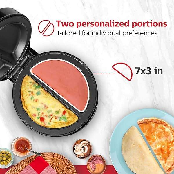Holstein Housewares Stainless Steel 2 Section Omelet & Frittata Maker, Non Stick Coating, Easy To Clean, Indicator Lights, Compact Storage, Prepare Versatile Recipes in Minutes. 2 Portions, Black - Image 4