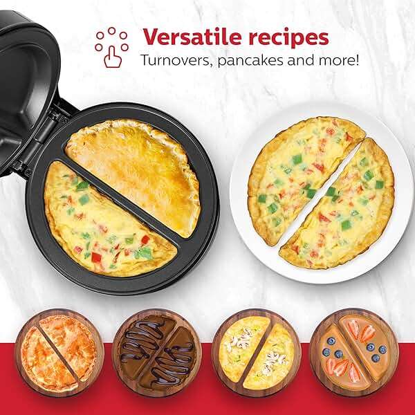 Holstein Housewares Stainless Steel 2 Section Omelet & Frittata Maker, Non Stick Coating, Easy To Clean, Indicator Lights, Compact Storage, Prepare Versatile Recipes in Minutes. 2 Portions, Black - Image 6
