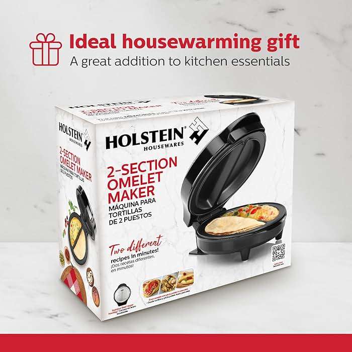 Holstein Housewares Stainless Steel 2 Section Omelet & Frittata Maker, Non Stick Coating, Easy To Clean, Indicator Lights, Compact Storage, Prepare Versatile Recipes in Minutes. 2 Portions, Black - Image 8