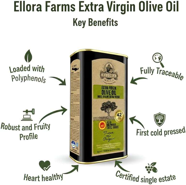 Ellora Farms Olive Oil Extra Virgin, Certified Single Estate PDO, High Polyphenol Extra Virgin Olive Oil, Cold Pressed & Traceable EVOO, Kosher, Crete, Greece 33.8 Fl oz (1 Ltr) - Image 8