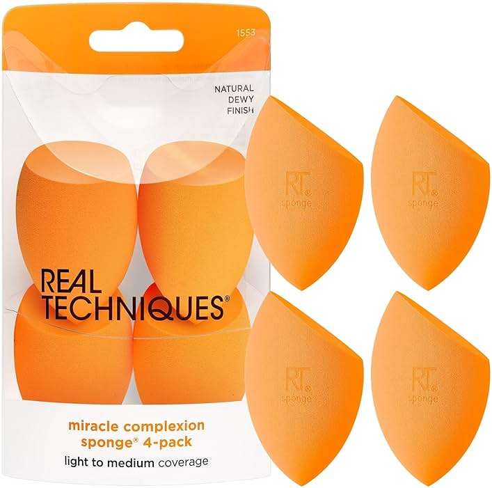 Real Techniques Miracle Complexion Sponge 4 Pack, Makeup Blending Sponges For Liquid & Cream Foundation & Skin Tints, Buildable Coverage, Natural, Dewy Base, Cruelty- Free, Latex-Free Foam - Image 1