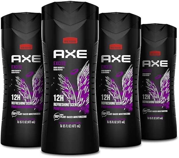 AXE Crisp Coconut & Black Pepper Body Wash 4 Count 12h Refreshing Scent Excite Men's Body Wash with 100% Plant-Based Moisturizers 16 oz - Image 1