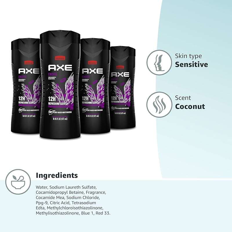 AXE Crisp Coconut & Black Pepper Body Wash 4 Count 12h Refreshing Scent Excite Men's Body Wash with 100% Plant-Based Moisturizers 16 oz - Image 11