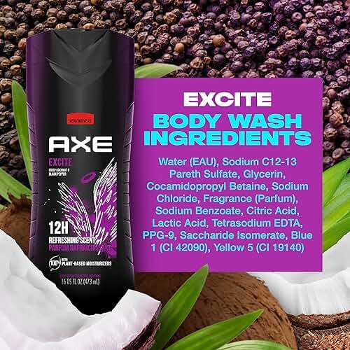 AXE Crisp Coconut & Black Pepper Body Wash 4 Count 12h Refreshing Scent Excite Men's Body Wash with 100% Plant-Based Moisturizers 16 oz - Image 12