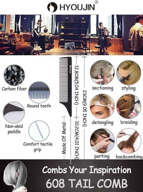 HYOUJIN Carbon Hair Rat Tail Combs - Parting & Detangling Combs for Women with Fine Teeth, Ideal for Curly Hair - Black - Image 7