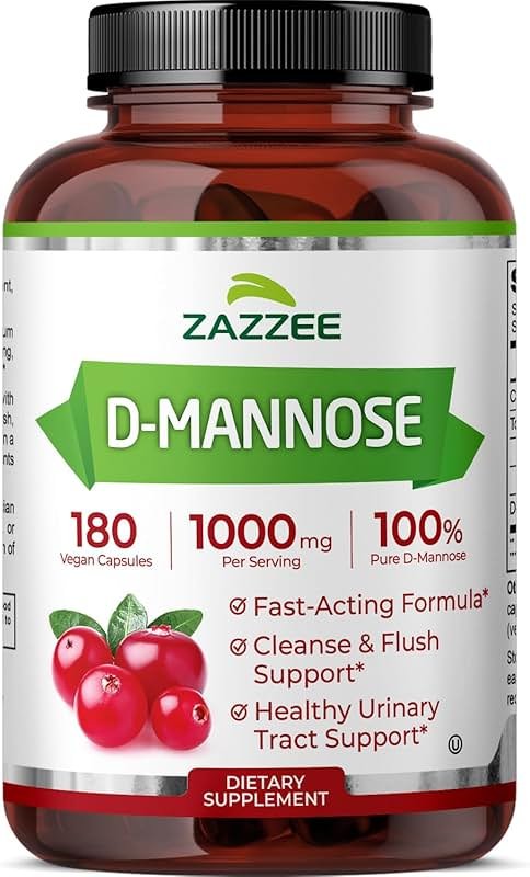 Zazzee D-Mannose, 1000 mg per Serving, 180 Vegan Capsules, 3 Month Supply, Potent & Fast-Acting, Certified Kosher, 100% Pure, All-Natural Urinary Tract Health Support, 100% Vegetarian, Non-GMO - Product Image
