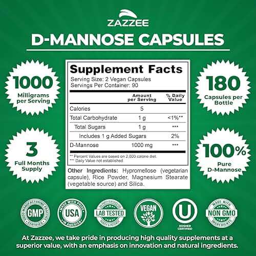 Zazzee D-Mannose, 1000 mg per Serving, 180 Vegan Capsules, 3 Month Supply, Potent & Fast-Acting, Certified Kosher, 100% Pure, All-Natural Urinary Tract Health Support, 100% Vegetarian, Non-GMO - Image 2