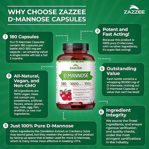 Zazzee D-Mannose, 1000 mg per Serving, 180 Vegan Capsules, 3 Month Supply, Potent & Fast-Acting, Certified Kosher, 100% Pure, All-Natural Urinary Tract Health Support, 100% Vegetarian, Non-GMO - Image 6