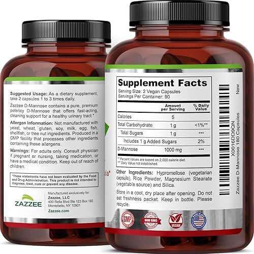 Zazzee D-Mannose, 1000 mg per Serving, 180 Vegan Capsules, 3 Month Supply, Potent & Fast-Acting, Certified Kosher, 100% Pure, All-Natural Urinary Tract Health Support, 100% Vegetarian, Non-GMO - Image 7