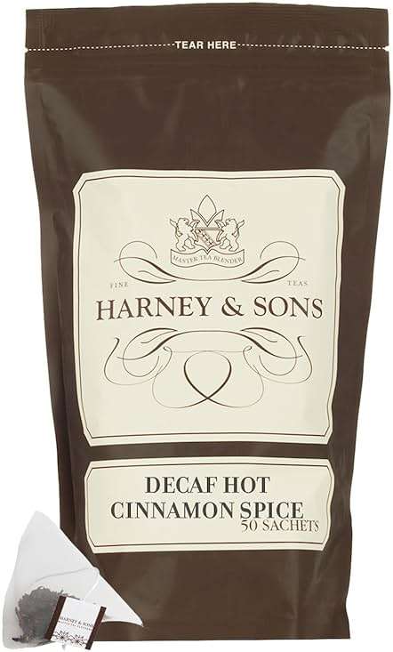 Harney & Sons Decaffeinated Hot Cinnamon - Ceylon Black Tea with Three Types of Cinnamon, Orange Peel and Sweet Cloves - 50 Count Sachet Bag - Image 1