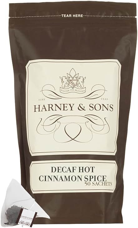 Harney & Sons Decaffeinated Hot Cinnamon - Ceylon Black Tea with Three Types of Cinnamon, Orange Peel and Sweet Cloves - 50 Count Sachet Bag - Product Image