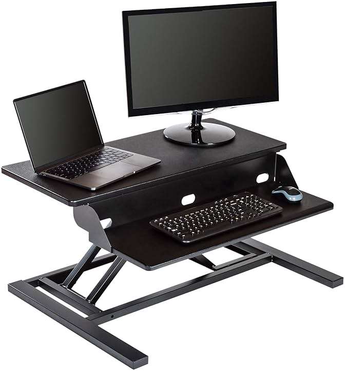 Stand Up Desk Store AirRise Pro Two Tier Standing Desk Converter Monitor Stand with Built-in Keyboard Tray (Black, 32" Wide) - Image 1