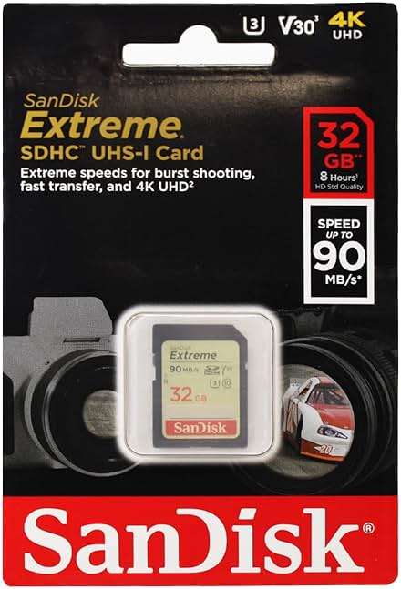 SanDisk 32GB Extreme SDHC UHS-I Memory Card - 90MB/s, C10, U3, V30, 4K UHD, SD Card - SDSDXVE-032G-GNCIN - Image 1