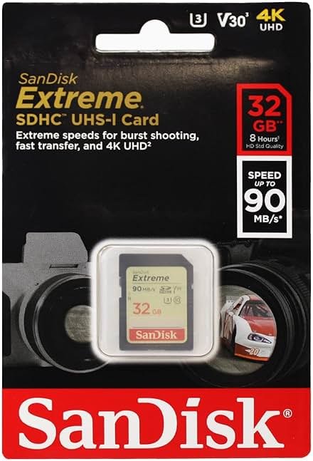 SanDisk 32GB Extreme SDHC UHS-I Memory Card - 90MB/s, C10, U3, V30, 4K UHD, SD Card - SDSDXVE-032G-GNCIN - Product Image