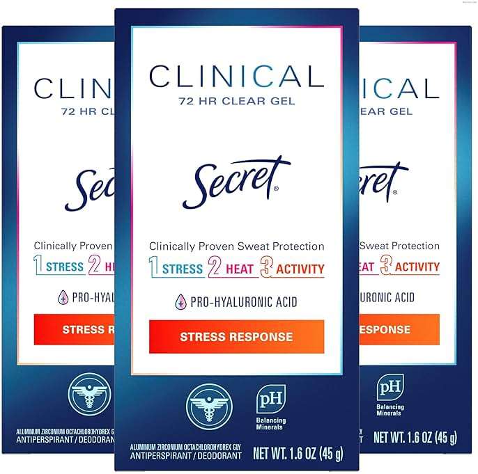 Secret Clinical Strength Antiperspirant Deodorant for Women, Stress Response, 3X Stress Protection, 72hr Sweat & Odor Protection, PH Balancing Minerals, Clear Gel, 1.6 oz (Pack of 3) - Image 1