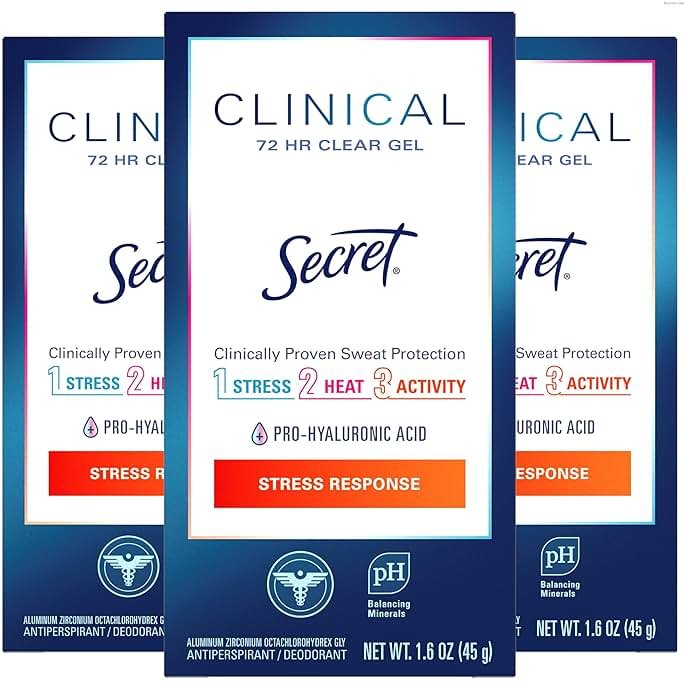 Secret Clinical Strength Antiperspirant Deodorant for Women, Stress Response, 3X Stress Protection, 72hr Sweat & Odor Protection, PH Balancing Minerals, Clear Gel, 1.6 oz (Pack of 3) - Product Image