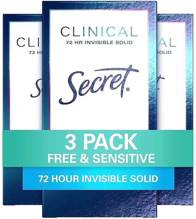 Secret Clinical Strength Antiperspirant Deodorant for Women, Free & Sensitive, 3X Stress Protection, 72hr Sweat & Odor Protection, PH Balancing Minerals, Invisible Solid, Unscented, 1.6 oz (Pack of 3) - Image 1