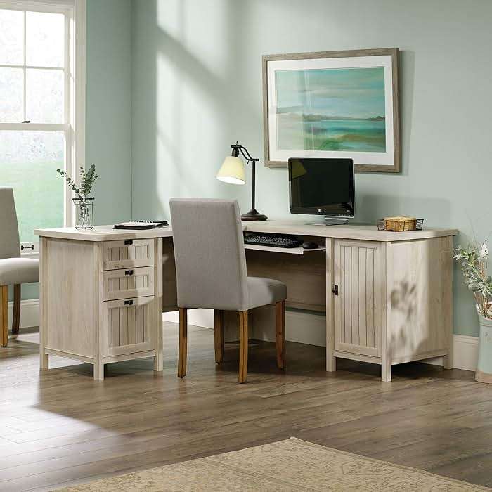 Sauder Costa L-Shaped Desk, Chalked Chestnut, Home Office with Storage & Keyboard Tray - Image 2