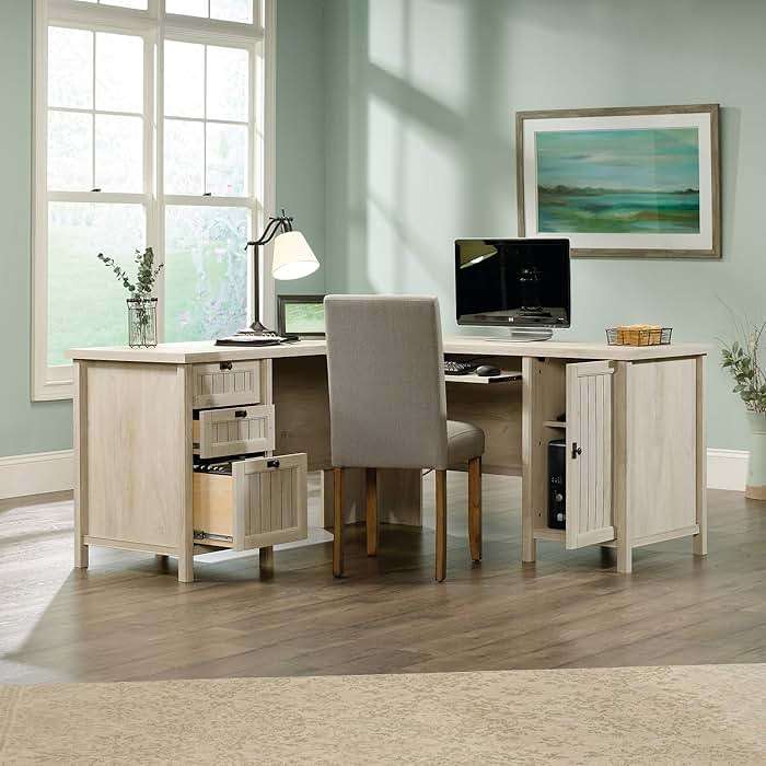 Sauder Costa L-Shaped Desk, Chalked Chestnut, Home Office with Storage & Keyboard Tray - Image 4
