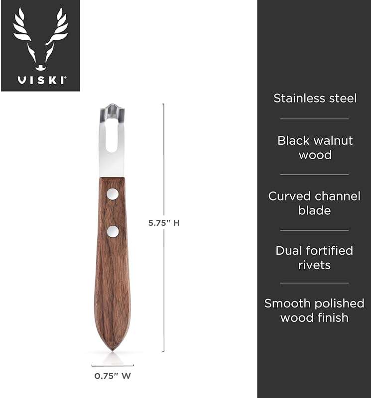 Viski Channel Knife, Citrus Zester and Orange Peeler Tool, Walnut Wood and Stainless Steel Bar Tool for Cocktail Garnishes, Perfect for Home Bars, Craft Cocktails and Bartender Gifts, Set of 1 - Image 3