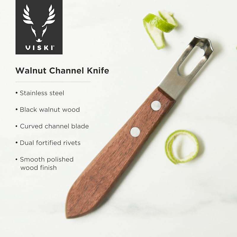 Viski Channel Knife, Citrus Zester and Orange Peeler Tool, Walnut Wood and Stainless Steel Bar Tool for Cocktail Garnishes, Perfect for Home Bars, Craft Cocktails and Bartender Gifts, Set of 1 - Image 4
